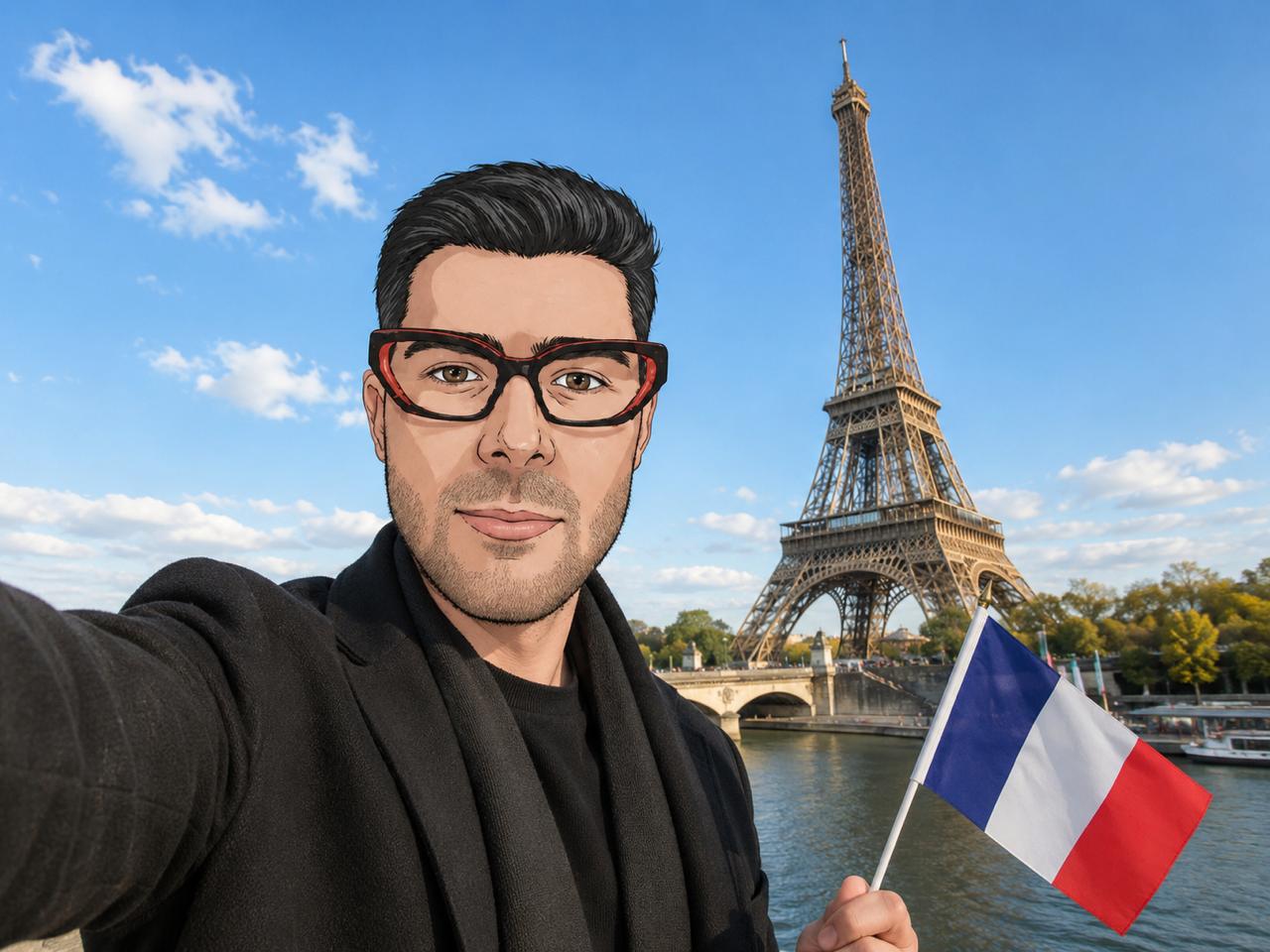 Supersocks devant la tour Eiffel avec un drapeau français.