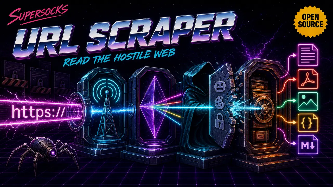 Supersocks URL Scraper poster showing resilient web reading pipelines for articles, PDFs, and media