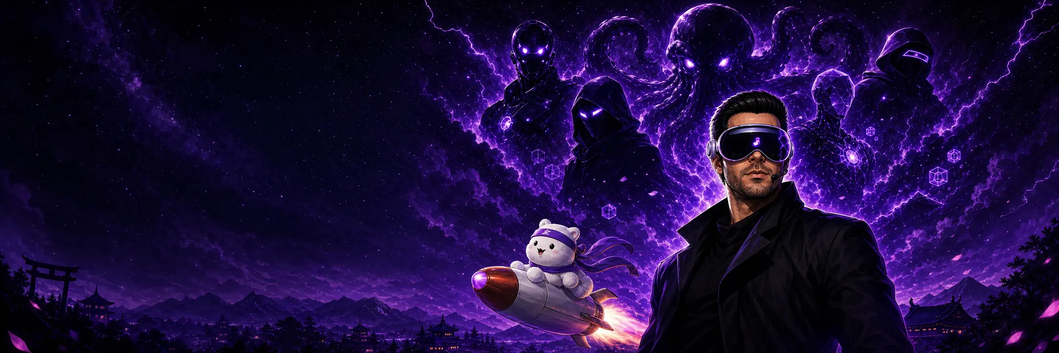 Cinematic origin scene: a builder with violet headset, a sock mascot on a rocket, and gathered AI agents under a cosmic violet sky.